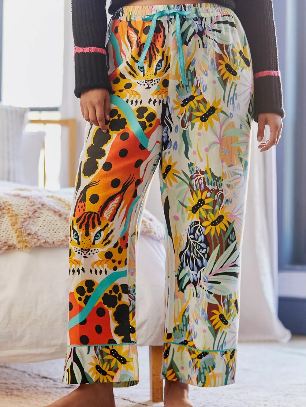 Anthropologie Multicolor Floral & Leopard Print Wide-Leg Lounge Pants